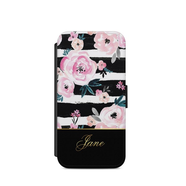 Personalized STRIPE ROSE  flip wallet case cover, iPhone 7 Case, iPhone X case, 6s, 6, SE, 5s, 5c, Samsung Galaxy S8 Plus, s8, S7, s7 Edge