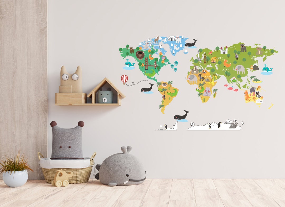 Animal World Map Wall Sticker Kids World Map Decal World Map Wall Decal ...