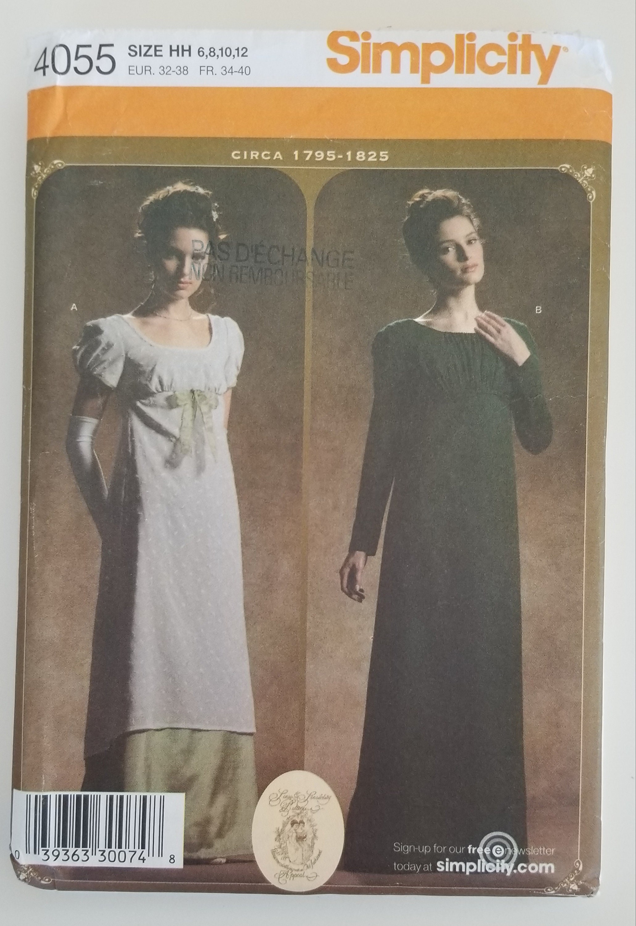 Simplicity Pattern 4055 Sewing Pattern Circa 1795-1825 Historical 18th ...