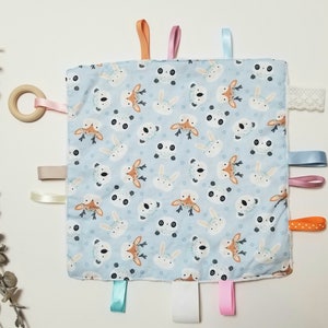 Doudou label with toys chew birth gift lined minky Blanket, Teething Toy, Baby Blanket, woodland girl Fabric