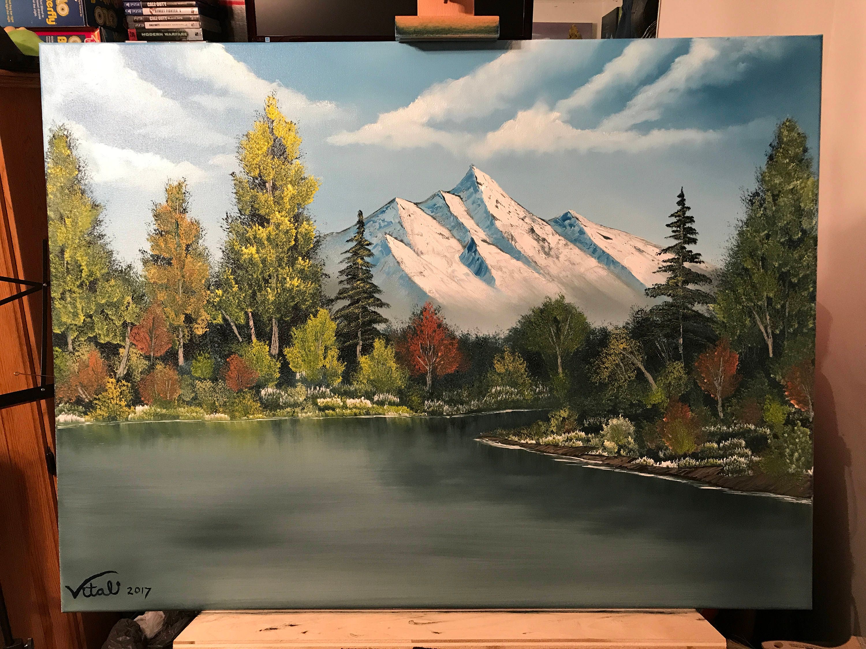 Towering Peaks at Sunset Bob Ross Oil Painting Replica