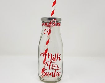 Santa Christmas Milk Bottle Glass With Straw 5" Tall Santa's 