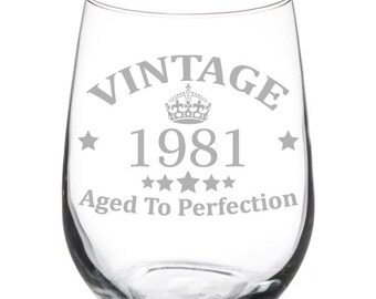 Vintage Aged To Perfection 1981 45th Birthday Wine Glass Stemless or Stemmed