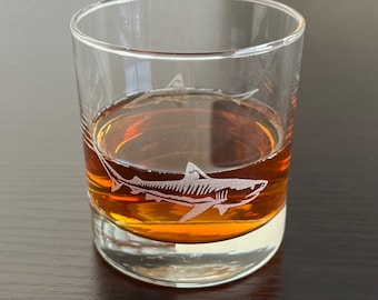 Rocks Whiskey Old Fashioned Glass Tiger Shark 2 Sided Swimming In Glass