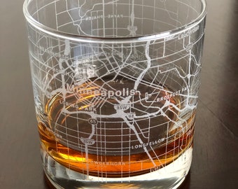 Rocks Whiskey Old Fashioned Glass Urban City Map Minneapolis Saint Paul, MN