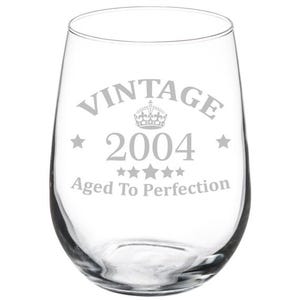 Vintage Aged To Perfection 2004 21st Birthday Wine Glass Stemless or Stemmed