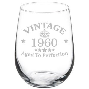Vintage Aged To Perfection 1960 65th Birthday Wine Glass Stemless or Stemmed