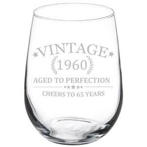 Cheers to 65 Years Vintage 1960 65th Birthday Wine Glass Stemless or Stemmed