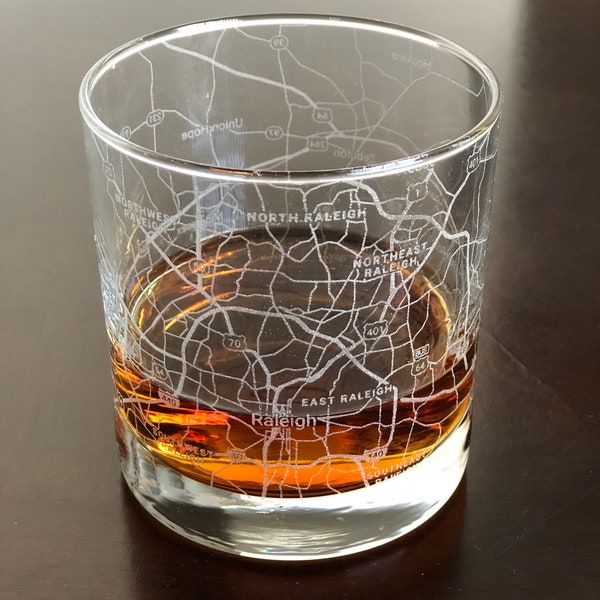 Rocks Whiskey Old Fashioned Glass Urban City Map Raleigh, NC