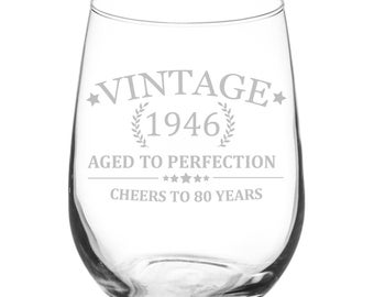 Cheers to 80 Years Vintage 1946 80th Birthday Wine Glass Stemless or Stemmed