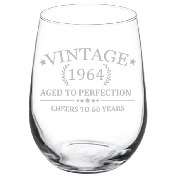 Cheers to 60 Years Vintage 1964 60th Birthday Wine Glass Stemless or Stemmed