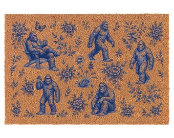 Bigfoot Sasquatch Blue Floral Toile White Coir Doormat Welcome Front Door Mat New Home Closing Housewarming Gift