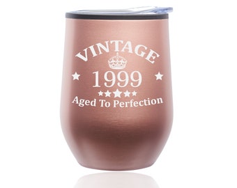 Vintage Aged To Perfection 1999 25th Birthday Funny Stemless Wine Tumbler Coffee Travel Mug Glass with Lid