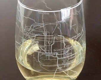 Stemless Wine Glass Urban City Map Phoenix AZ Mesa AZ