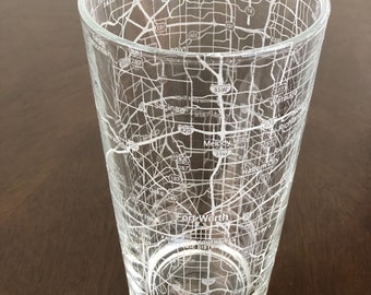 16 oz Pint Beer Glass Urban City Map Fort Worth, TX