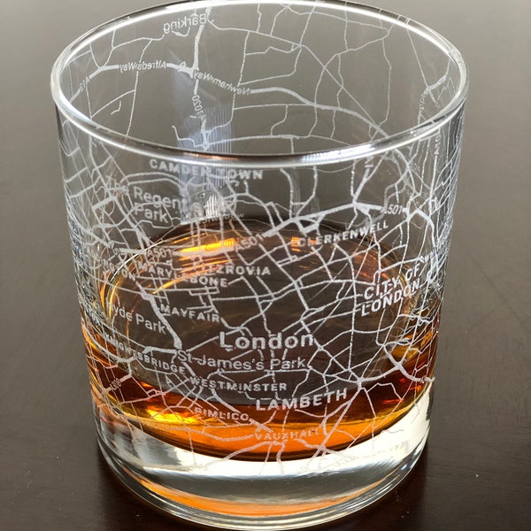 Rocks Whiskey Old Fashioned Glass Urban City Map London, UK