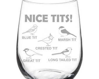 Nice Tits Funny Bird Watcher Lover Tit Birds Wine Glass Stemless or Stemmed