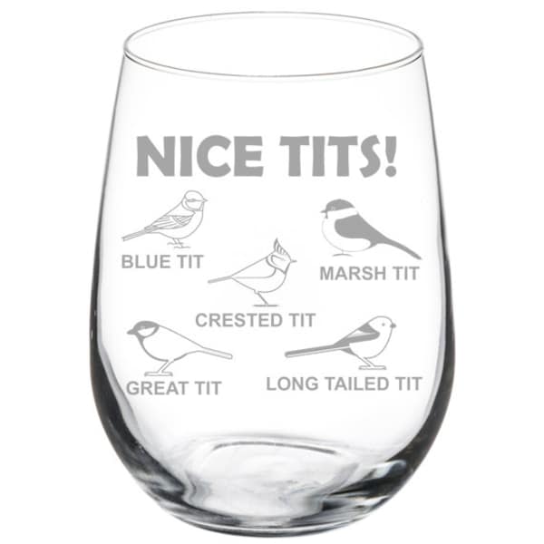 Nice Tits Funny Bird Watcher Lover Tit Birds Wine Glass Stemless or Stemmed