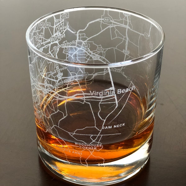 Rocks Whiskey Old Fashioned Glass Urban City Map Virginia Beach, VA