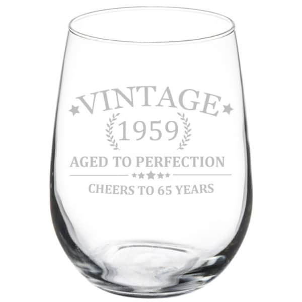 Cheers to 65 Years Vintage 1959 65th Birthday Wine Glass Stemless or Stemmed