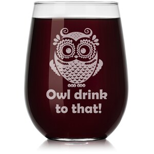 Owl Drink To That Funny Wine Glass Stemless or Stemmed