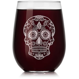 Sugar Candy Skull Wine Glass Stemless or Stemmed image 1