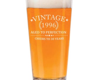 16 oz Pint Beer Glass Cheers to 30 Years Vintage 1996 30th Birthday