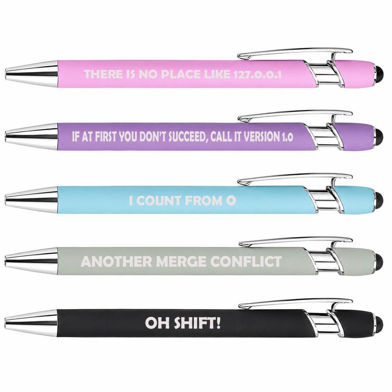 May include: A set of five retractable ballpoint pens with stylus tips, featuring chrome accents and white text. The pens are pink, purple, light blue, gray, and black, each printed with unique tech-themed phrases including 127.0.0.1 and OH SHIFT!