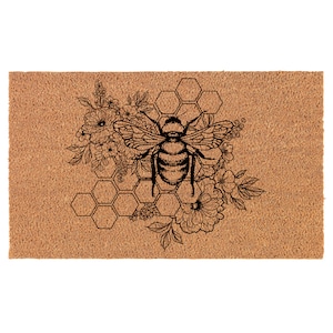 Honeycomb Bee Flowers Coir Doormat Welcome Front Door Mat New Home Closing Housewarming Gift