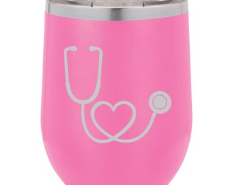 Heart Stethoscope Nurse Stemless Wine Glass Tumbler Double Wall Vacuum Insulated Stainless Steel with Lid