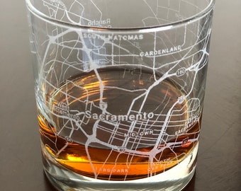 Rocks Whiskey Old Fashioned Glass Urban City Map Sacramento, CA
