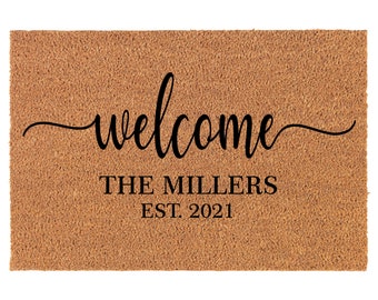 Welcome Family Name Est Custom Personalized Coir Doormat Welcome Front Door Mat New Home Closing Housewarming Gift