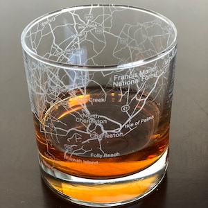 Rocks Whiskey Old Fashioned Glass Urban City Map Charleston, SC