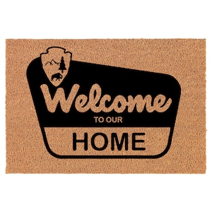 Welcome National Park To Our Home Retro Wilderness Cabin Hiking Coir Doormat Welcome Front Door Mat New Home Closing Housewarming Gift