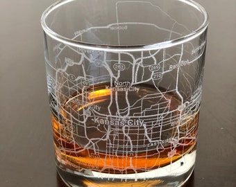 Rocks Whiskey Old Fashioned Glass Urban City Map Kansas City, MO
