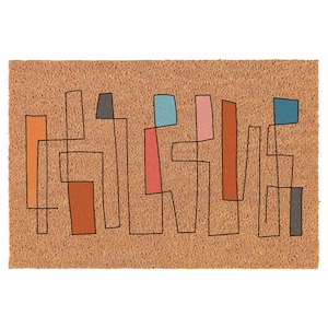 May include: Rectangular doormat with a brown background and a black line drawing of abstract shapes in orange, red, blue, and gray. The doormat is made of a natural fiber material.