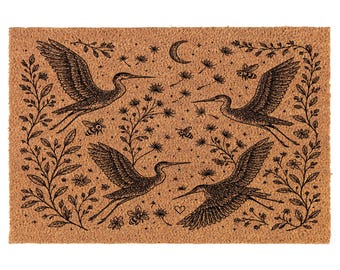 Botanical Heron Birds & Bees Coir Doormat Welcome Front Door Mat New Home Closing Housewarming Gift