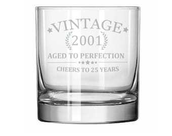 Rocks Whiskey Old Fashioned Glass Cheers To 25 Years Vintage 2001 25th Birthday