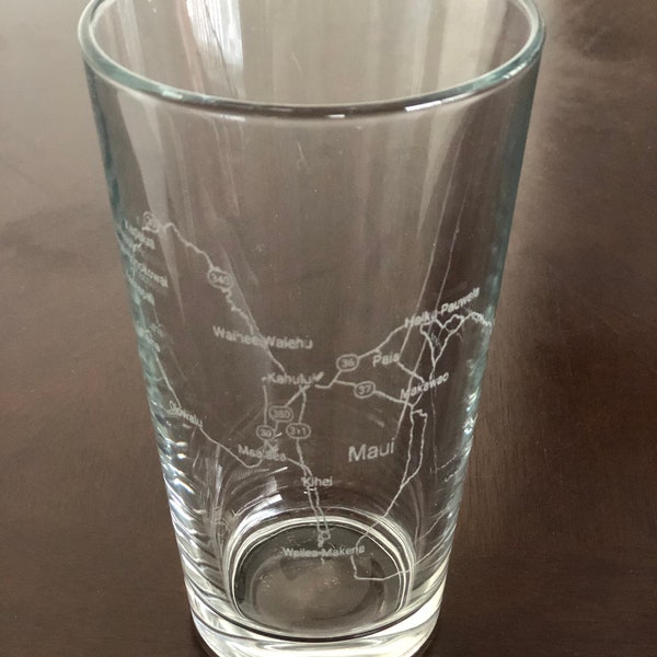 16 oz Pint Beer Glass Urban City Map Maui, Hawaii