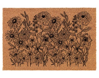 Retro Wildflowers Flowers Coir Doormat Welcome Front Door Mat New Home Closing Housewarming Gift
