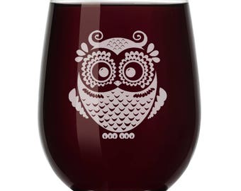 Owl Vintage Wine Glass Stemless or Stemmed