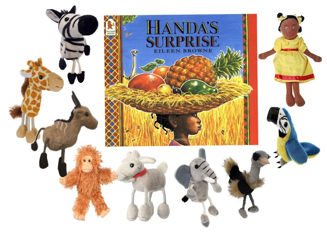 Handa's Surprise Story Finger Puppet Book Set Handmade Bag Story Sack