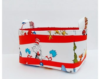 Dr Seuss storage basket, Nursery organizer, Cat in the hat fabric bin, Baby shower gift caddy