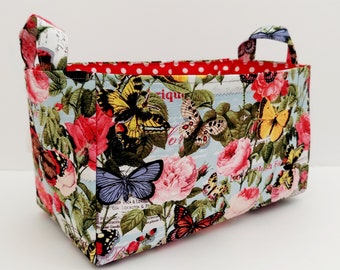 Fabric basket, Roses and butterflies organizer bin, Storage and organization container caddy