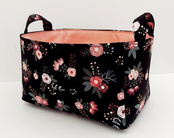 Sweet Floral Fabric Storage Bin, Black Cotton Organizer Caddy