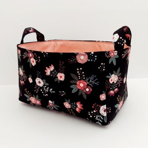 Sweet Floral Fabric Storage Bin, Black Cotton Organizer Caddy