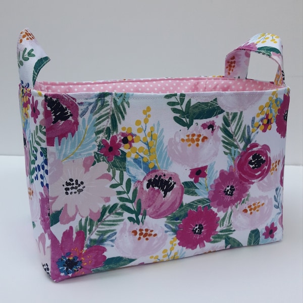 Watercolor floral fabric basket, Boho nursery organizer bin, Girls room container