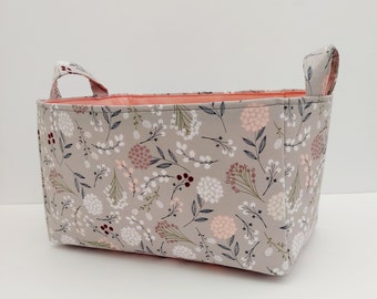 Boho gray storage basket, Woodland nursery organizer, Floral storage, Dandelion fabric bin container