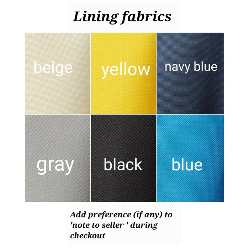 May include: A color chart showing different lining fabric options for a project. The colors are beige, yellow, navy blue, gray, black, and blue.