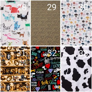 May include: A collage of ten different fabric swatches, each with a unique pattern. The swatches are numbered 28 through 33. The patterns include dogs, leopard print, mushrooms, horses, and cow print.